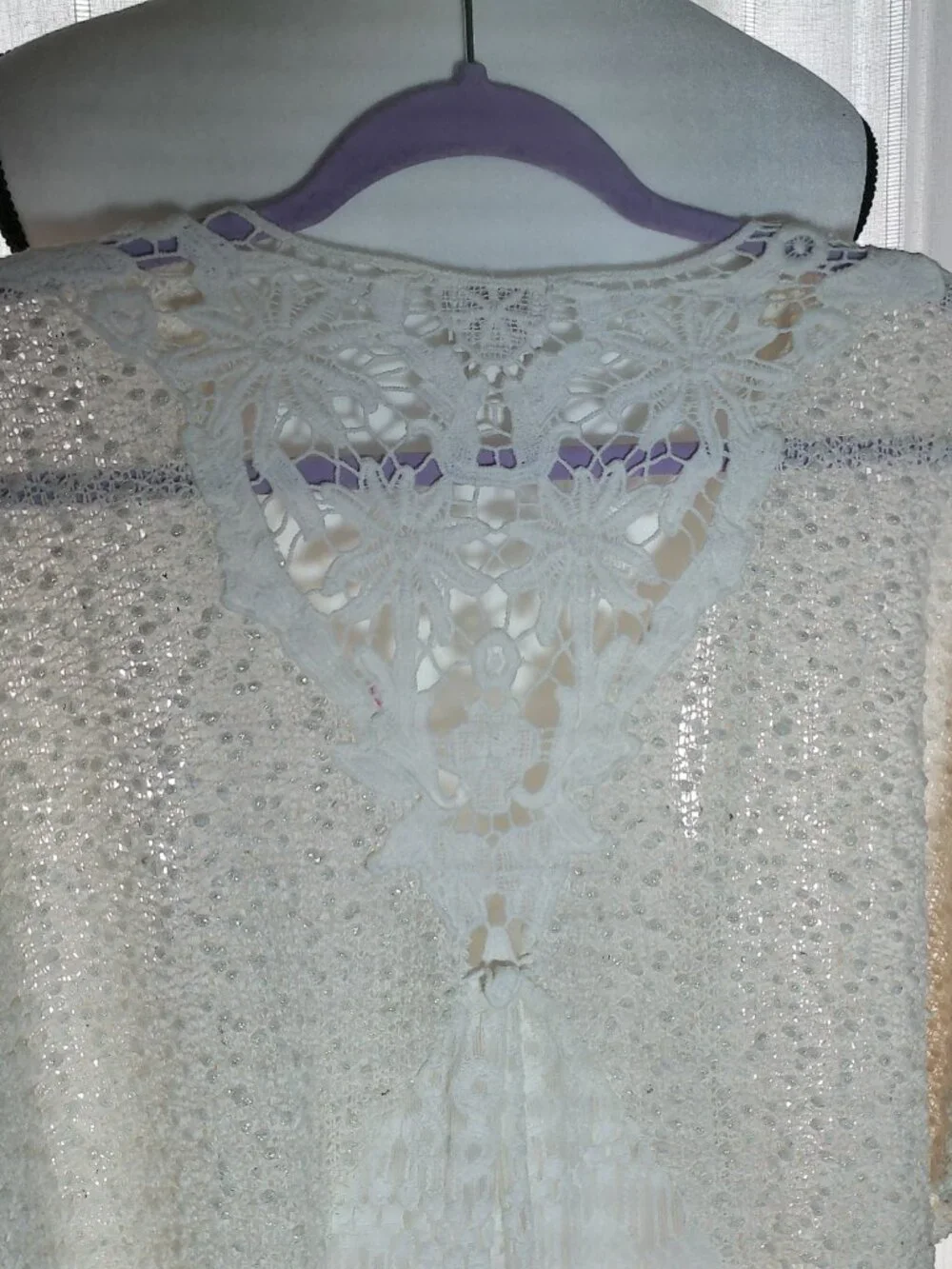 CHICO'S Shrt Sleeve Open Front Cream Sweater Sm.Popcorn Texture w/Lace/Sequins M - Picture 4 of 10
